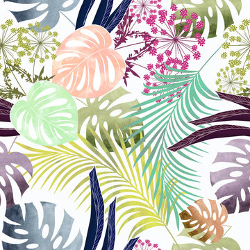 Seamless colorful tropical pattern with watercolor effect.