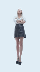 view from below. Young business woman looking confidently forwar