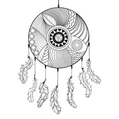 Obraz premium Dreamcatcher. Zentangle. Feathers. Abstract mystic symbol. American indians symbol. Zen art. Design for spiritual relaxation for adults. Line art creation. Black and white illustration for coloring
