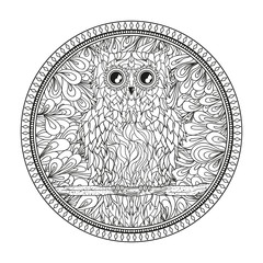 Mandala with owl. Zentangle. Hand drawn abstract patterns on isolation background. Design for spiritual relaxation for adults. Zendala. Outline for tattoo, printing on t-shirts, posters. Zen art