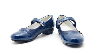 Blue shine leather girl shoes isolated on white