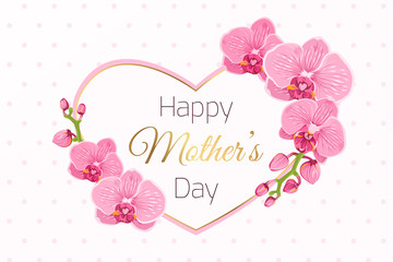Happy Mothers Day greeting card template. Exotic bright pink purple orchid phalaenopsis flowers foliage garland. Decorated heart shape frame. Shiny golden text placeholder. Polka dot background.