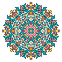 Vector hand drawn doodle mandala with tracery. Ethnic mandala with colorful ornament. Isolated on white background. Doodle illustration.