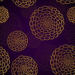 Seamless dark violet pattern with golden marigolds