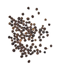 Peppercorn isolated. Peppercorn on white background. Black pepper seeds. Top view.