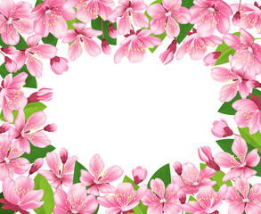 Naklejka na ściany i meble Cherry blossom background. Pink spring flowers frame. Cartoon style vector illustration
