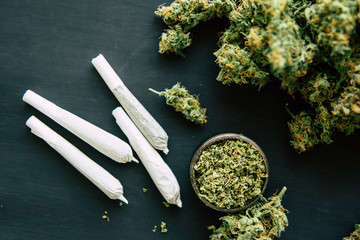 joint of marijuana with trichomes and crushed weed in a grinder for chopping a canapis on a black...