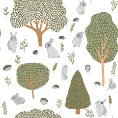 Materiał do szycia trees, hares, hedgehogs and plants. spring forest and hares. seamless pattern