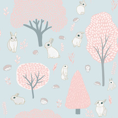 trees, hares, hedgehogs and plants. spring forest and hares. seamless pattern. pastel colors, tenderness, blue and pink