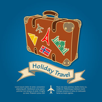 Holiday Travel banner or poster with retro suitcase. Vector illustration