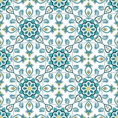 Foto auf Acrylglas Portuguese tile pattern vector seamless with flower ornaments. Portugal azulejo, mexican puebla talavera, spanish or italian majolica. Tiled texture for house kitchen or bathroom flooring ceramic. © irinelle
