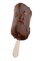 Ice cream in chocolate glaze with nuts on a wooden stick. Sweet dessert for the summer is photographed close-up. Isolated
