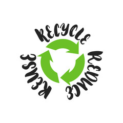 Reduce Reuse Recycle - hand drawn lettering phrase isolated on the black background. Fun brush ink vector illustration for banners, greeting card, poster design.