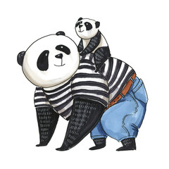 Father panda in black and white t-shirt going far a walk with his little son panda on his back