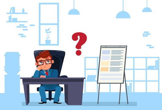 Business Man Sit At Office Desk Pondering And Thinking Flat Vector Illustration