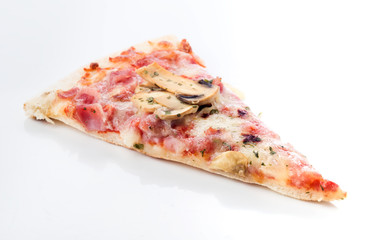 portion of mushroom pizza isolated on white