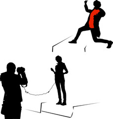 Vector of dark silhouettes of people, the girl in the swarm in the dance pose, with her thumb up, the gesture is all excellent. Guy videographer with a video camera shoots a story with a girl speaker.