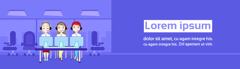 Technical Support Service Or Telemarketing Call Center Workers Women With Computers Horizontal Banner Flat Vector Illustration