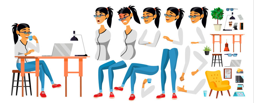 Business Woman Character Vector. Working Asian Female. Business Start Up. Modern Office. Coding, Software Development. Programmer. Animation Set. Asiatic Face Emotions. Cartoon Illustration