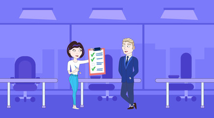 Successful Business Woman Showing Businessman Boss Done Checklist Flat Vector Illustration