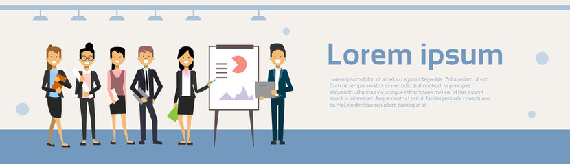 Group Of Business People Leading Presentation, Training Or Conference Report Standing Over Data On Flip Chart Flat Vector Illustration