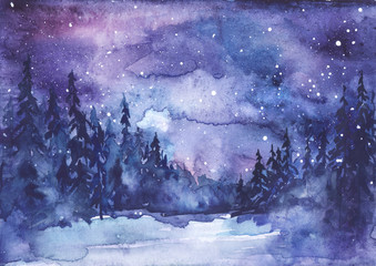 Fototapeta premium Watercolor painting, illustration, greeting card. Forest, suburban landscape, silhouettes of fir trees, pines, trees and bushes, the night sky with stars. Blue, purple color.