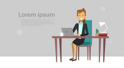 Modern Business Woman Working On Laptop Computer Sit At Office Desk Over Background With Copy Space Flat Vector Illustration