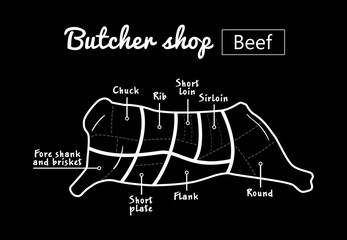 Cut of beef set. Poster Butcher diagram - Cow. Vintage typographic hand-drawn. Vector illustration