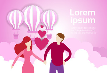 Couple Hold Hands Over Air Balloons In Pink Sky Background With Copy Space Valentine Day Banner Flat Vector Illustration