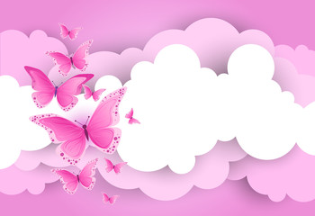 White Clouds And Pink Sky Template Background With Butterfly Flat Vector Illustration