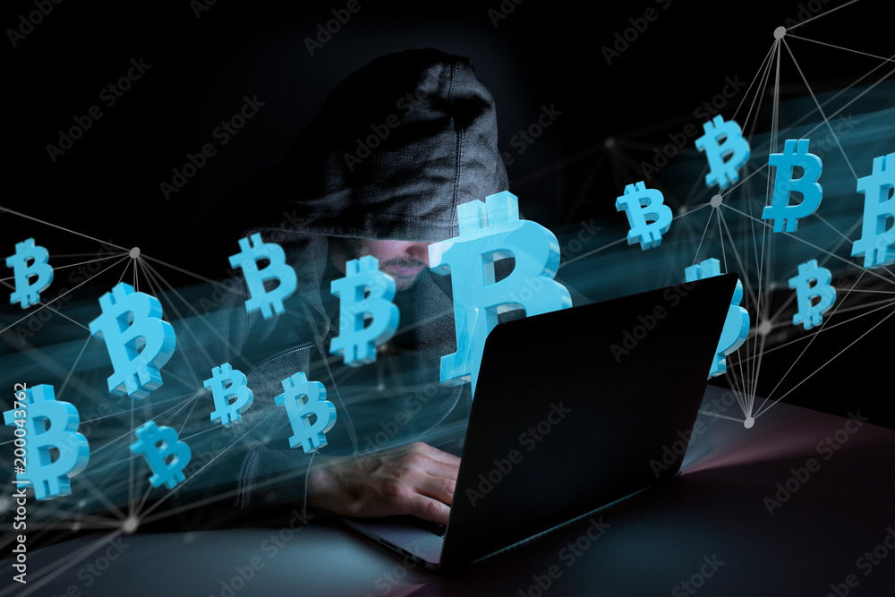 Poster hacker man in the dark using computer to hack data and information system