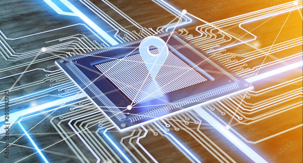 Poster cpu processor chip and network connection on a circuit board - 3d render