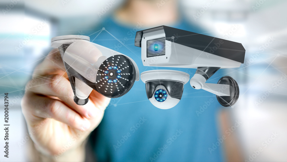 Poster businessman holding a security camera system and network connection - 3d rendering