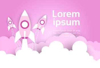 Space Rockets In Sky Over Pink Clouds Template Background Flat Vector Illustration