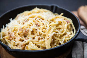 Spaghetti carbonara with egg and pancetta