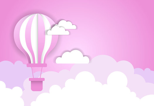 Air Balloon Over Pink Clouds Template Background Valentine Day Concept Flat Vector Illustration