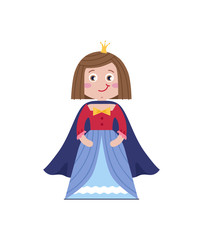 Beautiful queen in blue dress. Fairytale medieval character isolated on white background vector illustration.