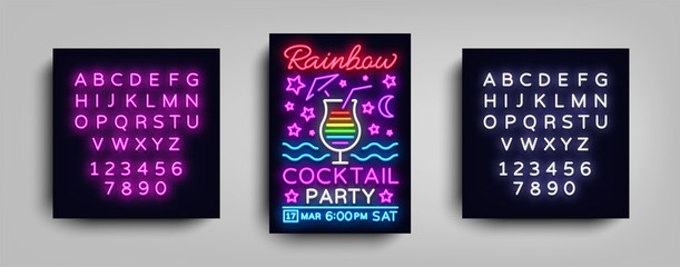 Cocktail party poster vector template. Rainbow Cocktail Party, Poster Neon, Neon Sign, Light Banner, Bright Invitation to Party or Dance, Typography, Postcard for Nightclub. Editing text neon sign