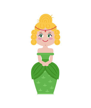 Beautiful princess in green dress. Fairytale medieval character isolated on white background vector illustration.