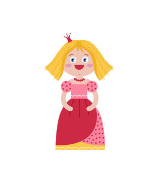 Cute queen in red dress. Fairytale medieval character isolated on white background vector illustration.