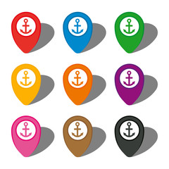 Set of nine colorful map pointers with anchor sign in white circle and with shadow. Vector illustration
