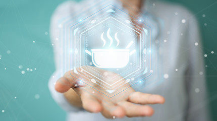 Businesswoman using application to order home made food online 3D rendering