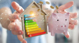 Businessman saving money with good energy chart rating 3D rendering