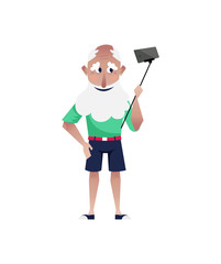 Bearded old man in shorts doing selfie character. Happy old people lifestyle isolated on white background vector illustration.