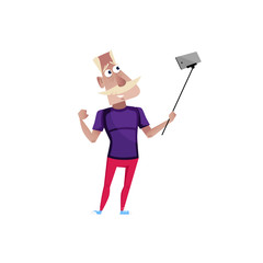 Sporty and strong old man doing selfie character. Happy old people lifestyle isolated on white background vector illustration.