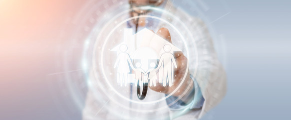 Doctor using digital family care interface 3D rendering
