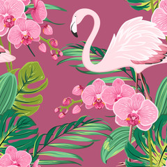 Bright orchid phalaenopsis flowers, exotic pink flamingo bird, tropical rainforest jungle tree palm mostera green leaves seamless pattern on purple background. Vector design illustration.