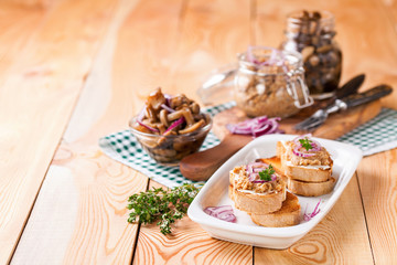 Bruschetta with mushroom caviar. Mushrooms. Selective focus. Copy space for text