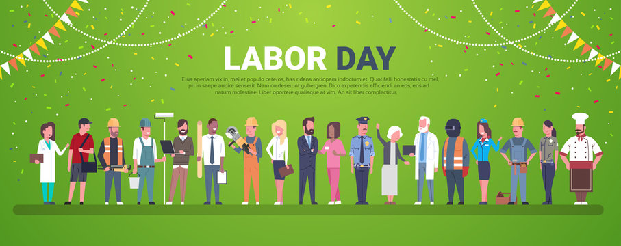 Labor Day Decoration Poster With People Of Different Occupations Over Template Background Flat Vector Illustration