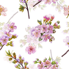 Pink cherry blossom seamless pattern. Watercolor hand drawn pink cherry flowers. Can be used as print, postcard, wrapping paper, textile, fabric, wallpaper.